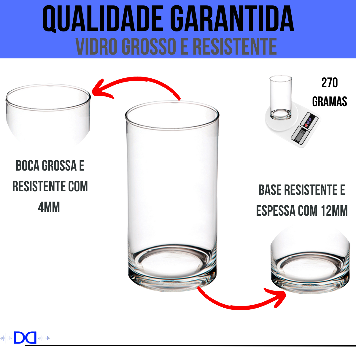 Kit 6 Copos De Vidro Grosso Alto Resistente Liso Com 380 Ml - E-Shop Diamond